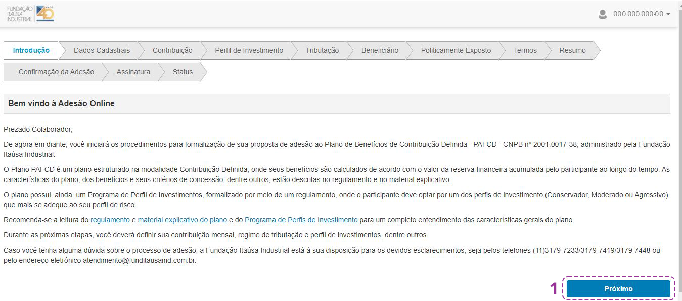 Imagem de uma das telas do processo de adesão