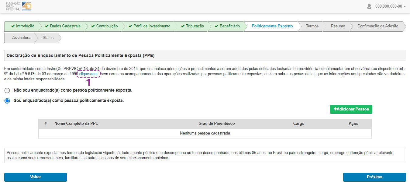 Imagem de uma das telas do processo de adesão